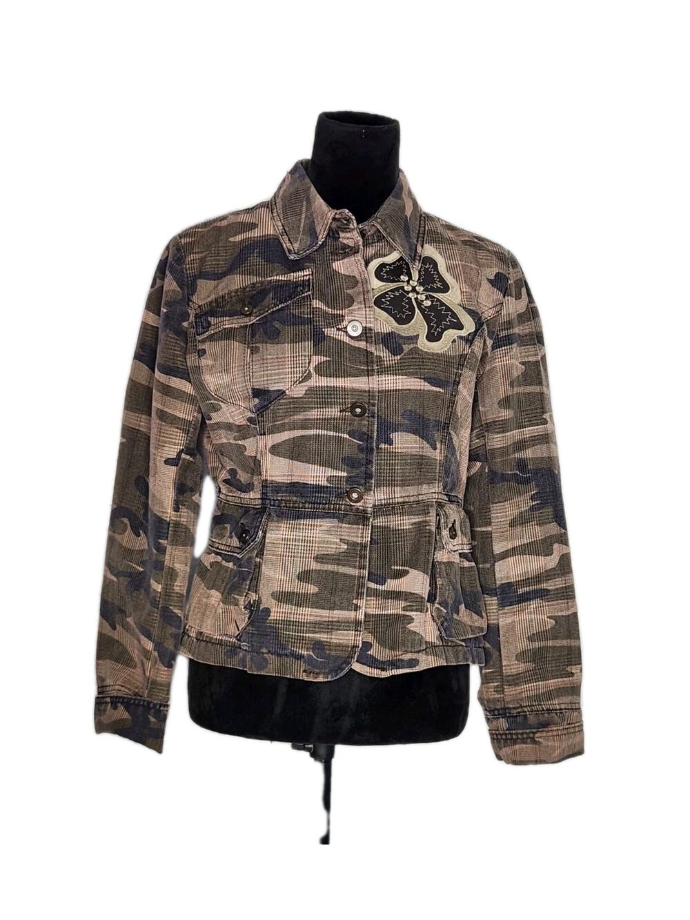 Nwot Motivi Y2K Camo Plaid Embroidered Flower Short Jacket Size 10 Grunge